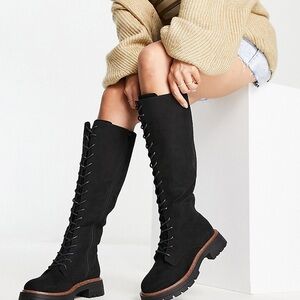 ASOS Design Black Lace-Up Knee-High Boots Lugsole Size 8